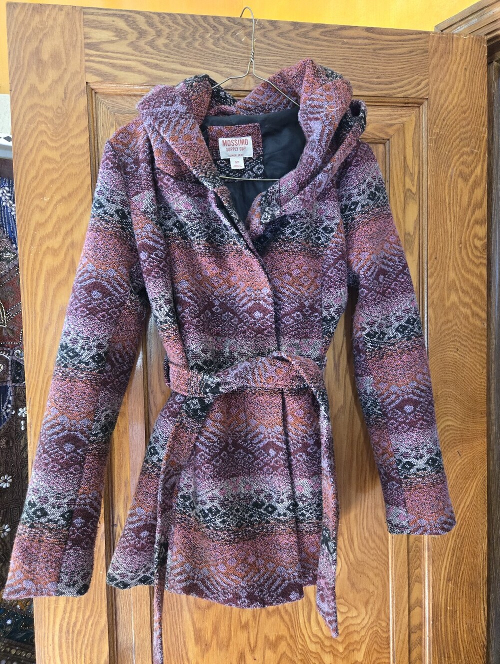 Pink Purple Southwestern Fabric Button Coat With Hood Belt